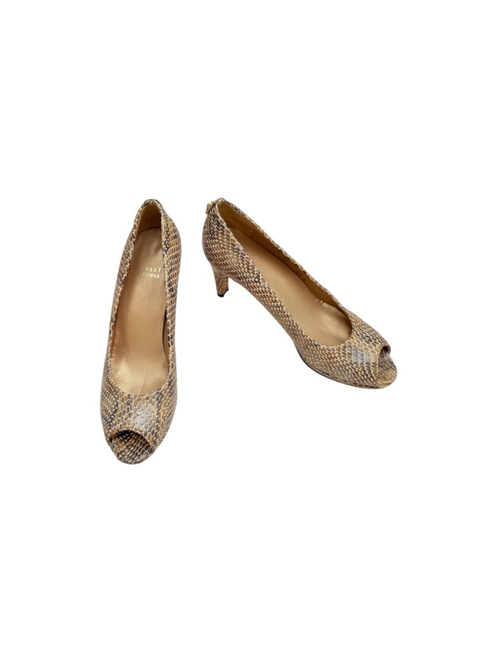 Stuart Weitzman Brown Tan Snake Embossed Leather Open Toe Heels 8.5 N